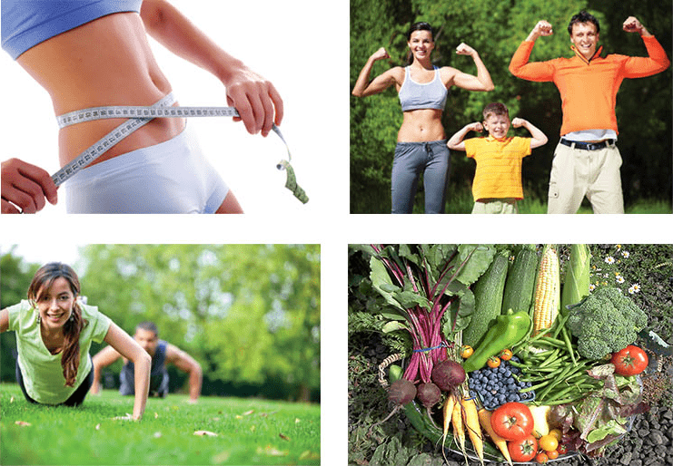 Collage of four pictures of veggies and healthy people